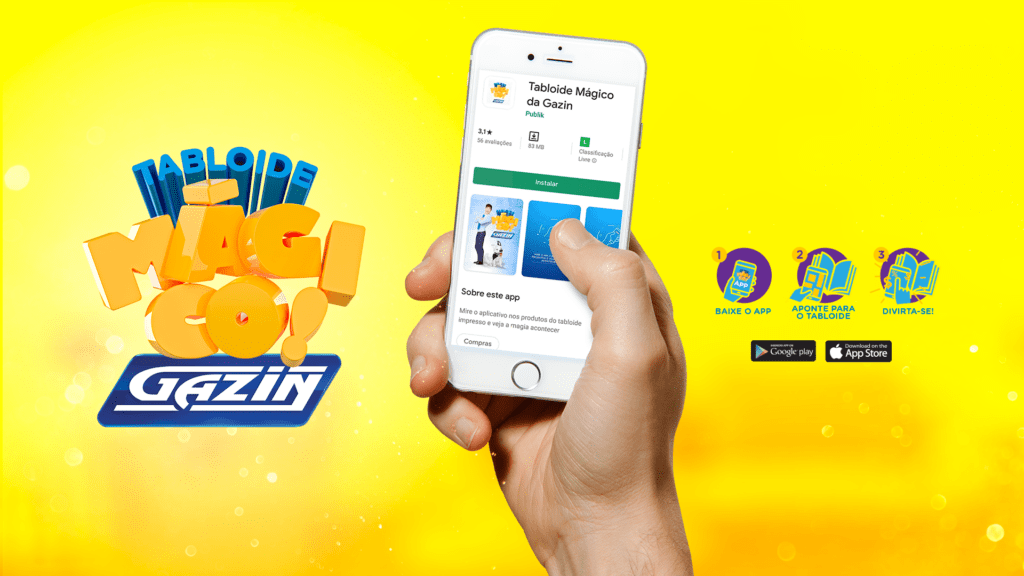 Arte autoral Gazin, mostrando um celular na mão de uma pessoa e na tela do aparelho o aplicativo do Tabloide Mágico Gazin, que trabalha com realidade aumenta. 