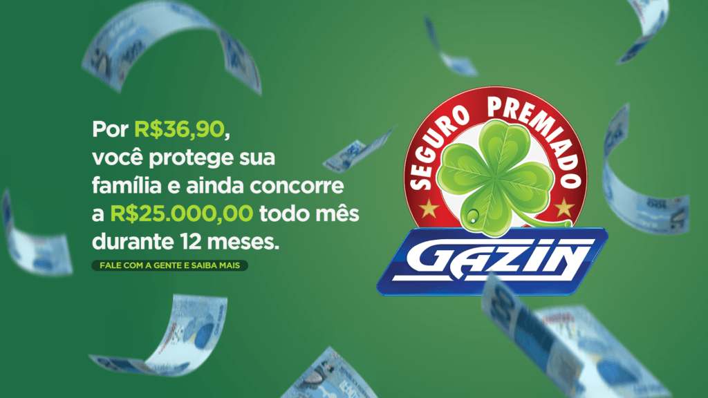 Arte com logo do Seguro Premiado Gazin, com notas de dinheiro voando ao fundo.